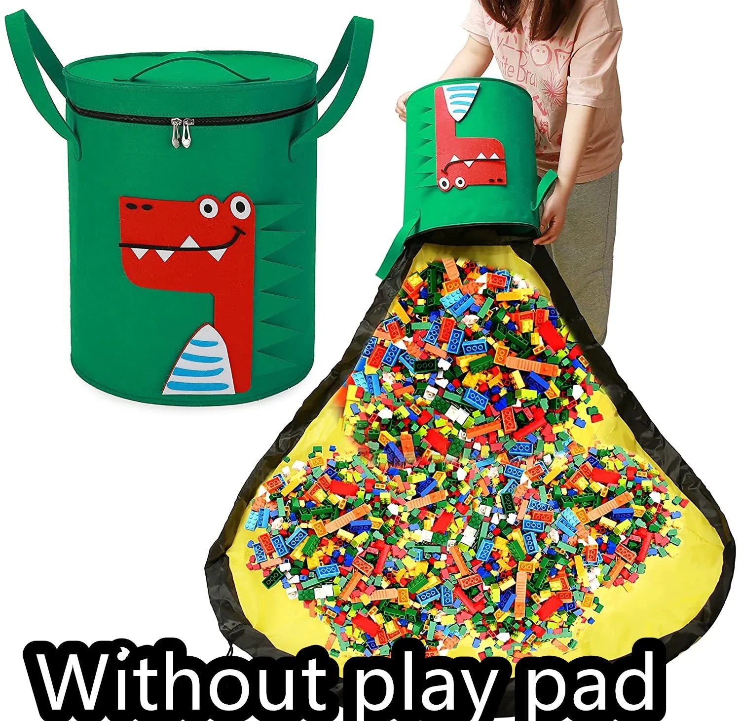 Green felt cube storage bag with pull rope, shown both as a flat play mat and gathered toy bag