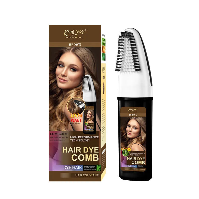 Permanent hair dye kit showing 200ML bottle and easy application comb in choice of Brown, Wine Red, or Dark Brown shade.