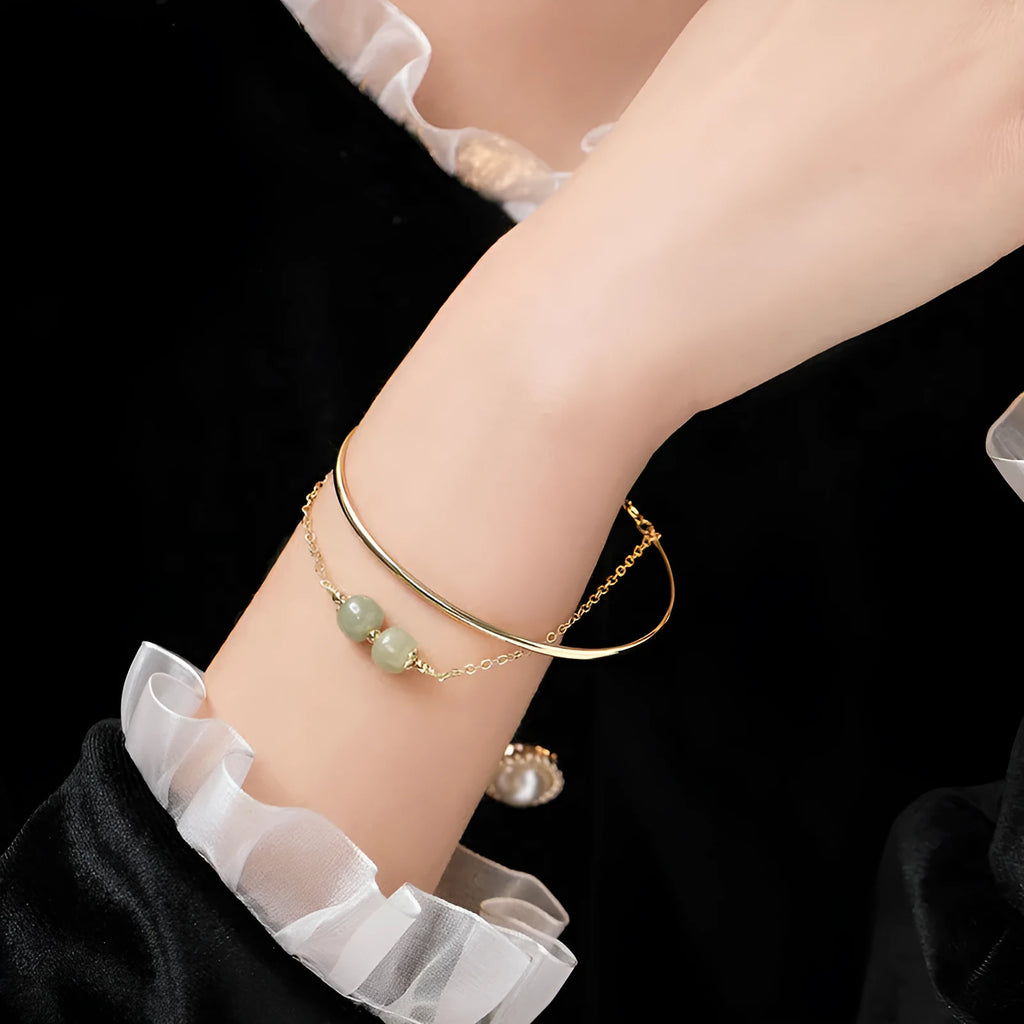 Hetian jade lucky beads bracelet with gold inlay treatment in single, double, or three beads version