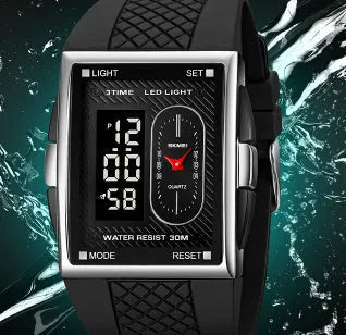 Double display waterproof sports electronic watch with 39.4mm screen and CR2025 battery in black and white colour option