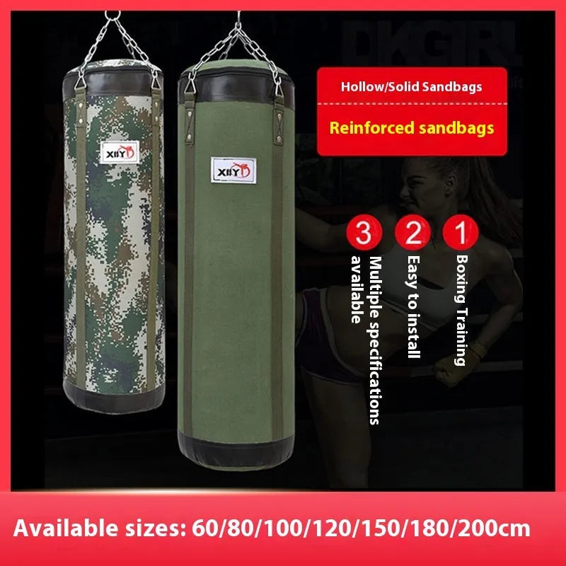 Canvas hanging boxing sandbag in hollow 60cm to 120cm sizes, camouflage or canvas style