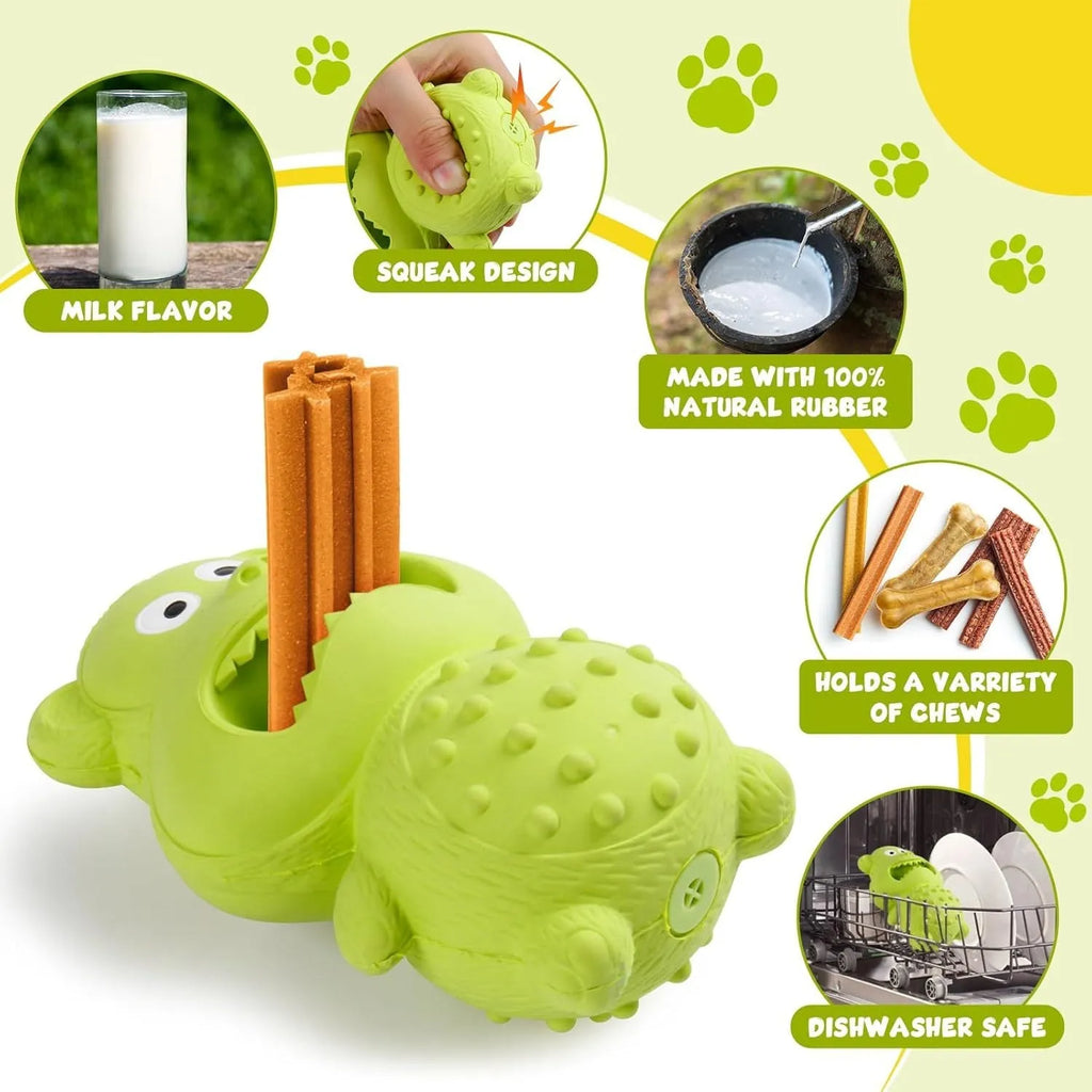 Green and yellow natural rubber squeaky dog toy for aggressive chewing large breed dogs.
