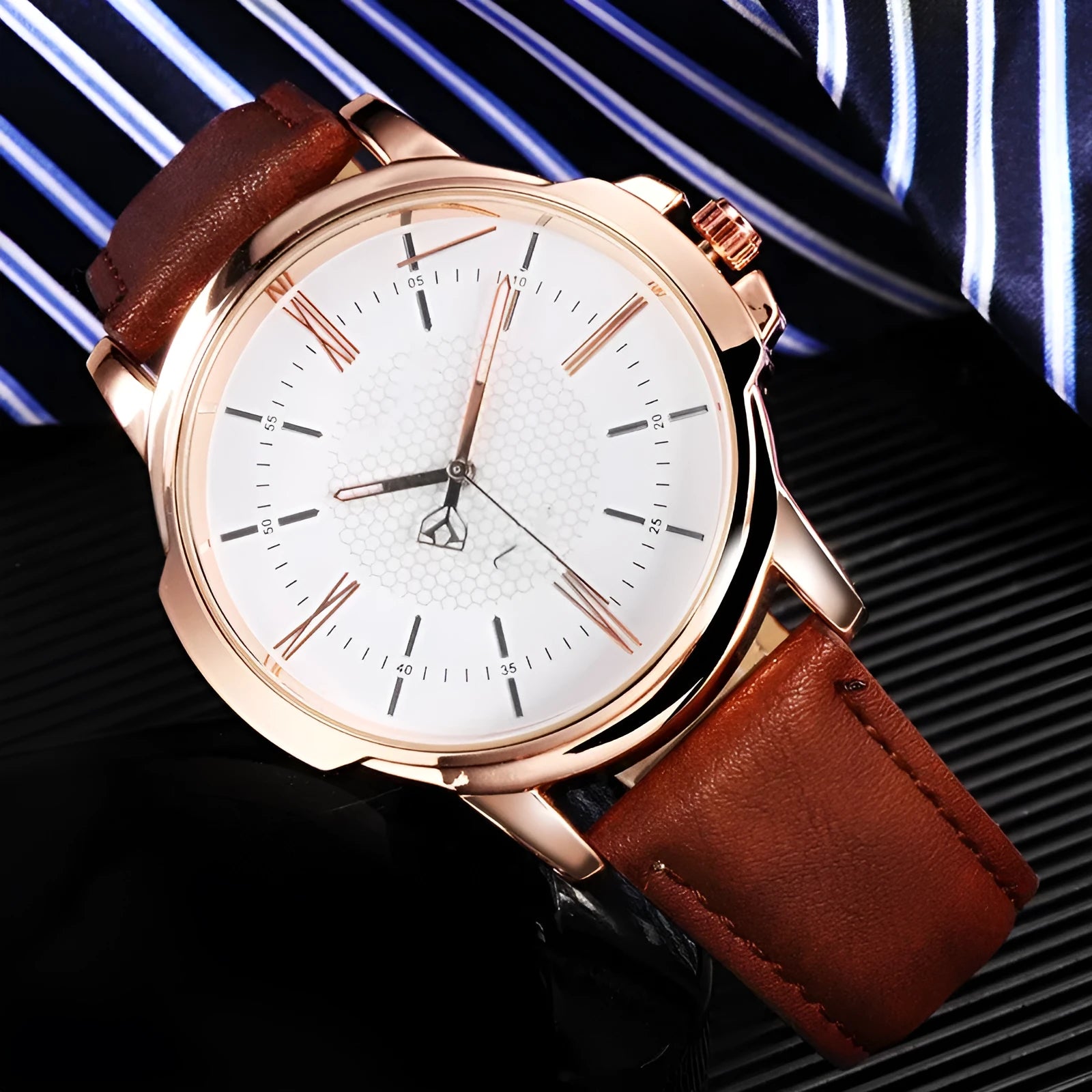 Men's belt watch with round dial, quartz movement, spiral crown, and stainless steel clasp on a belt strap
