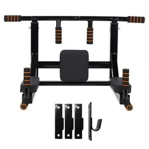 Black wall-mounted fitness equipment with a sandbag rack and integrated parallel pull-up bars.