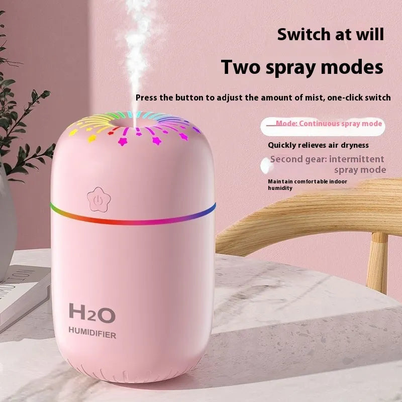 White A5 model mini USB humidifier with 300ml tank on a desk next to a laptop.