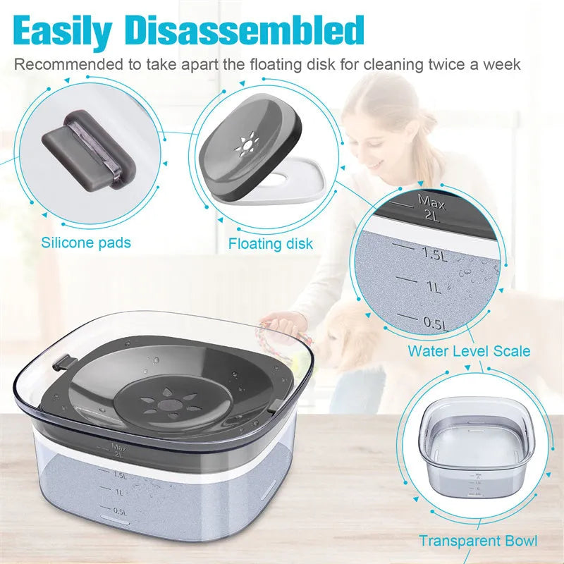 Large transparent pet water bowl with floating slow-feeder disk inside.