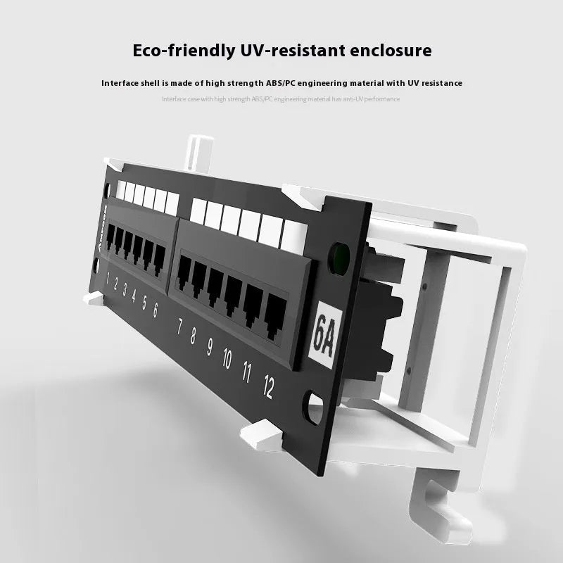 Black 12-port network distribution frame with cold rolled steel construction and hook bracket