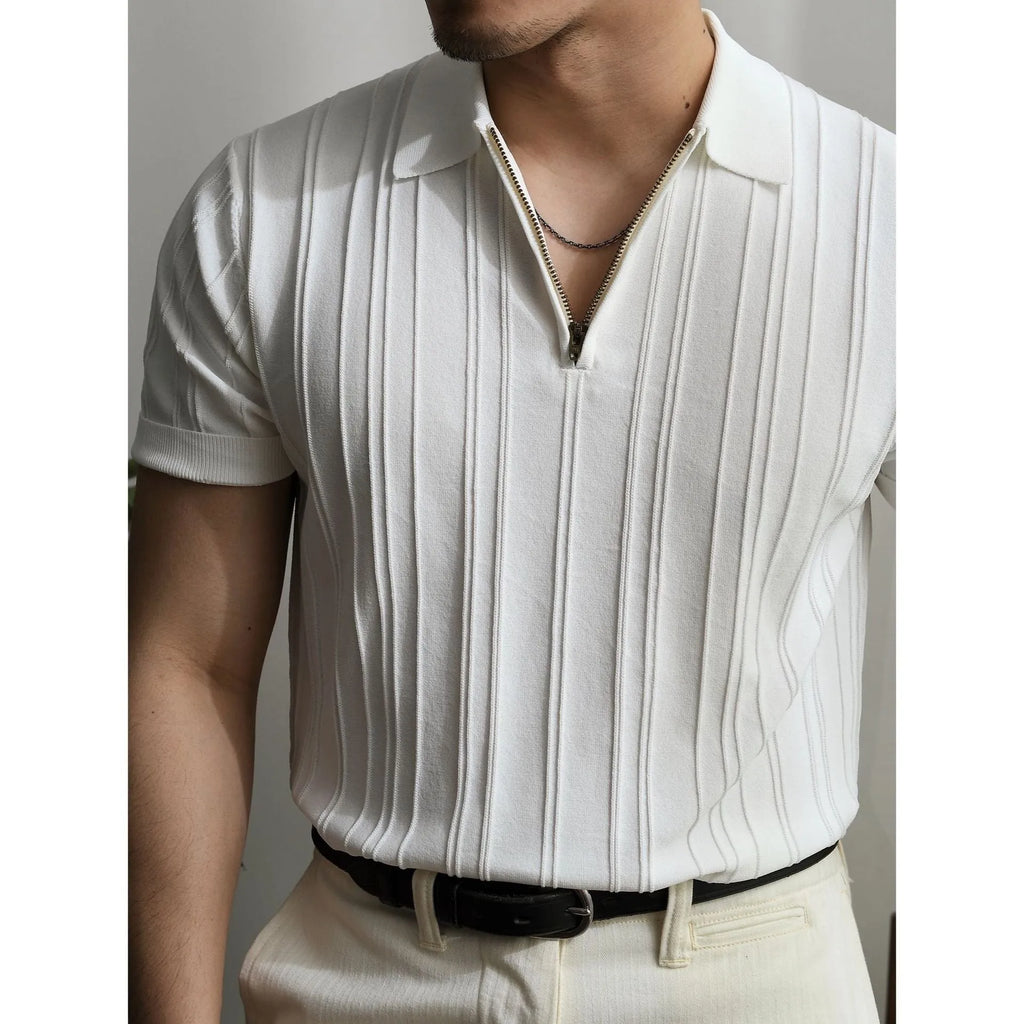 Men's loose-fit zipper short-sleeve knitted polo shirt in black, front view with lapel collar