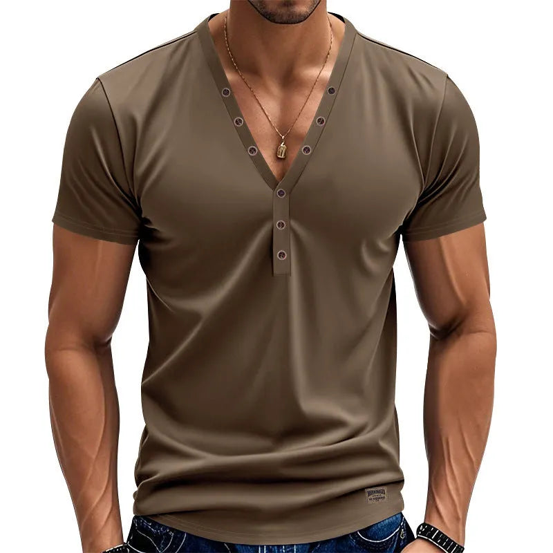 Men's loose fit v-neck pullover with button design in chemical fibre blend fabric