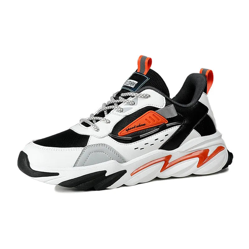 Men's PU leather sports casual shoes in green or orange with colour matching, sizes 39 to 44