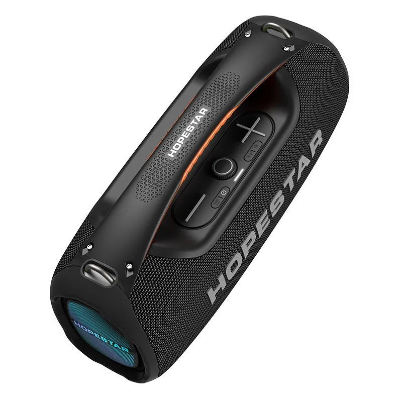 Super Bass Bluetooth speaker in black colour with microphone, showing waterproof outdoor portable design.