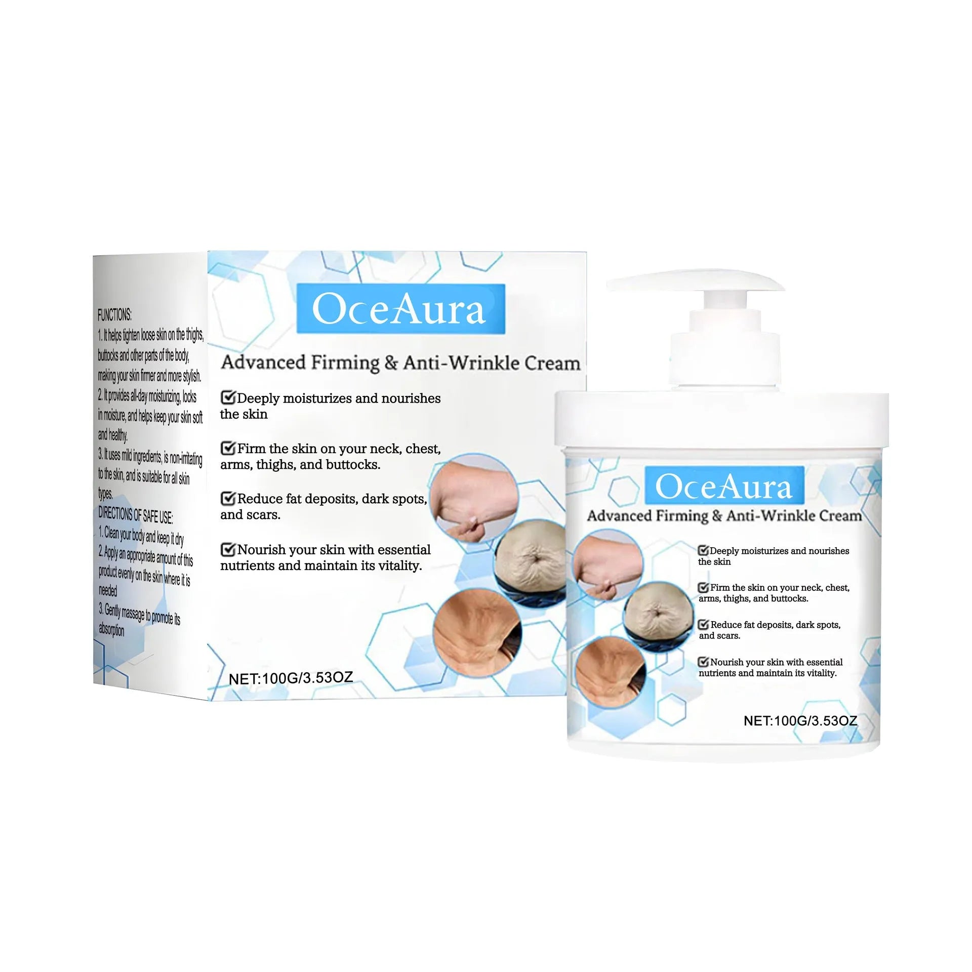 100g jar of body moisturiser cream with glycerin and hyaluronic acid.