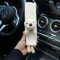 Cartoon plush car seatbelt shoulder protector in lamb wool fabric, showing Rabbit and Bear design options.