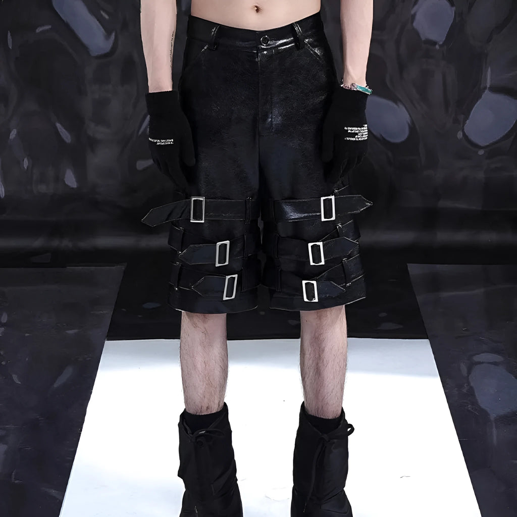 Man's black PU leather-look cropped shorts with stretch spandex material on a neutral background.