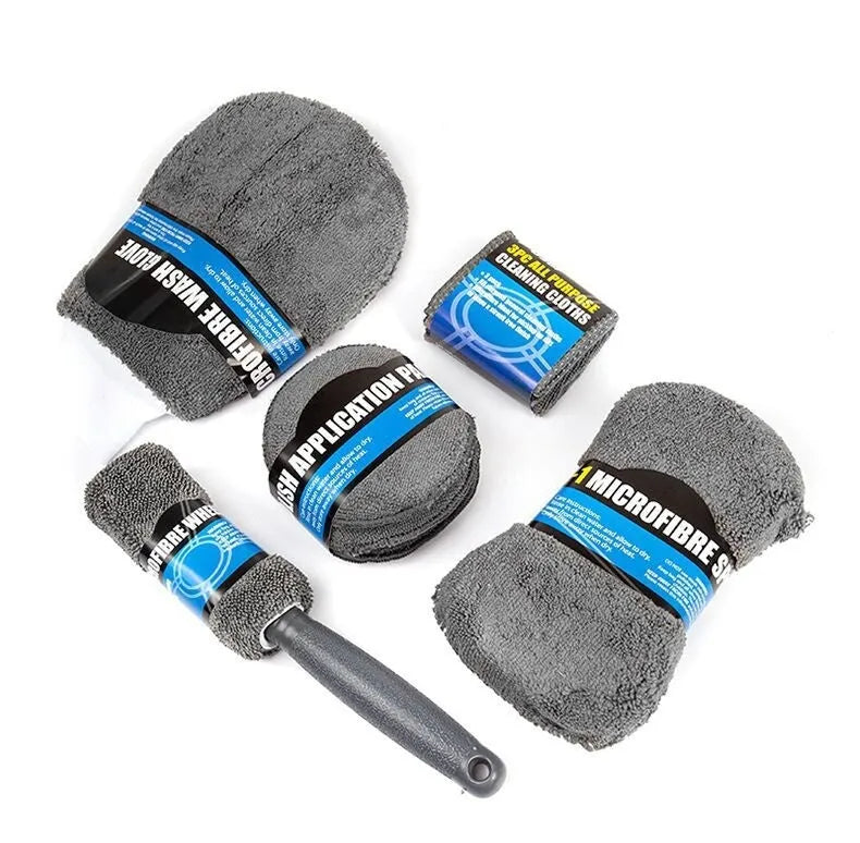 Grey microfiber 9-piece car wash cleaning set showing glove, sponge, tyre brush, waxing wipes and towels.