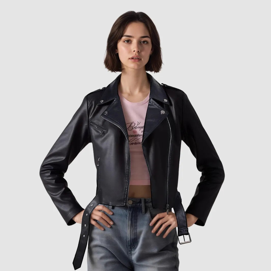Women's black PU leather biker jacket with an adjustable waist belt, shown on a hanger.