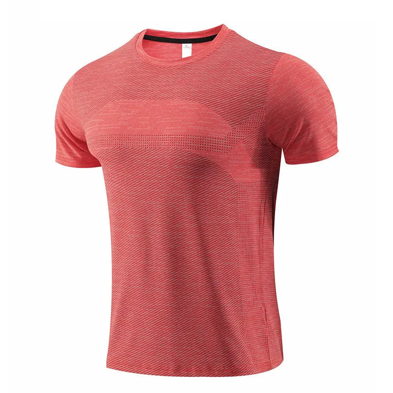 A short-sleeved red polyester spandex sports T-shirt laid flat, designed for running and workouts.