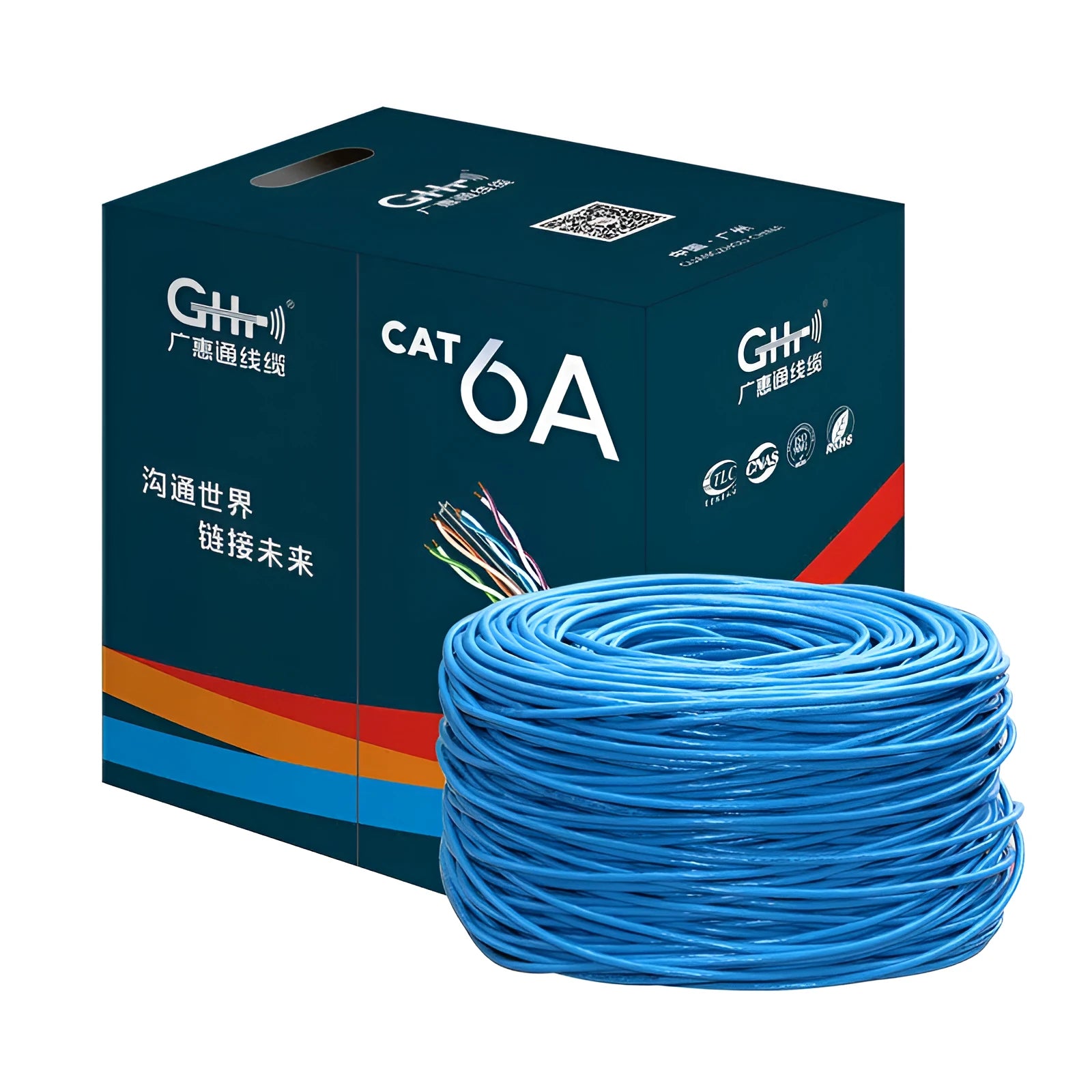 Blue category 6A ethernet cable with oxygen-free copper core, 305 metre length for 10GB/S networking