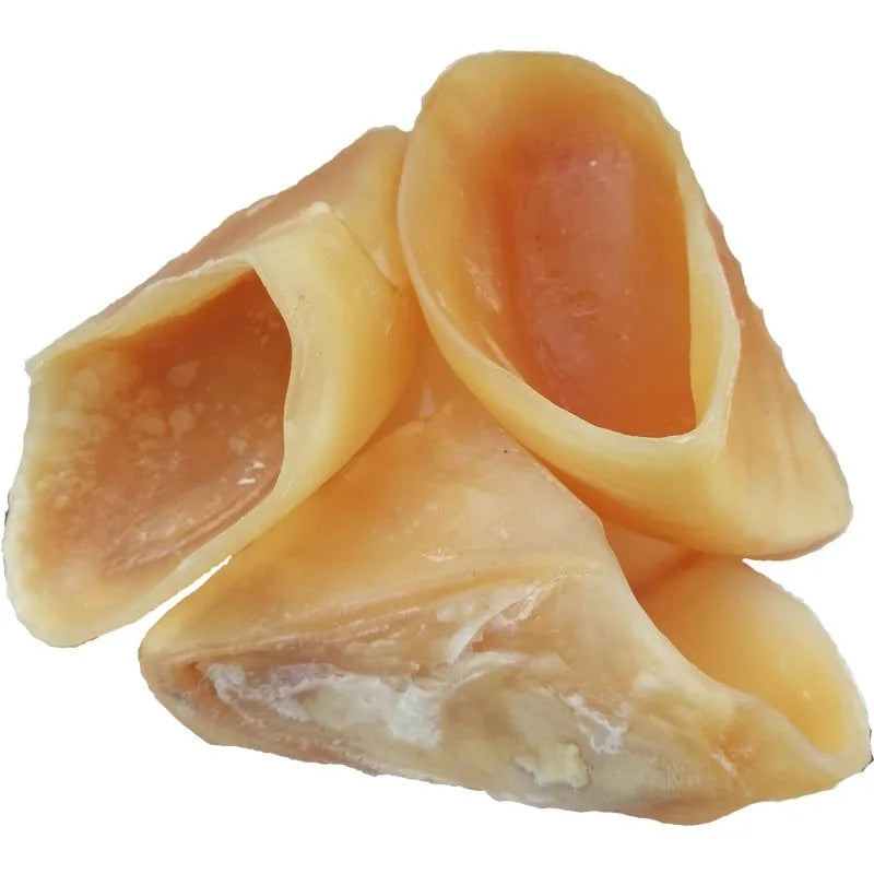 Natural cowhide dog chew grinding rod in hoof shell colour, shown in small and large sizes.