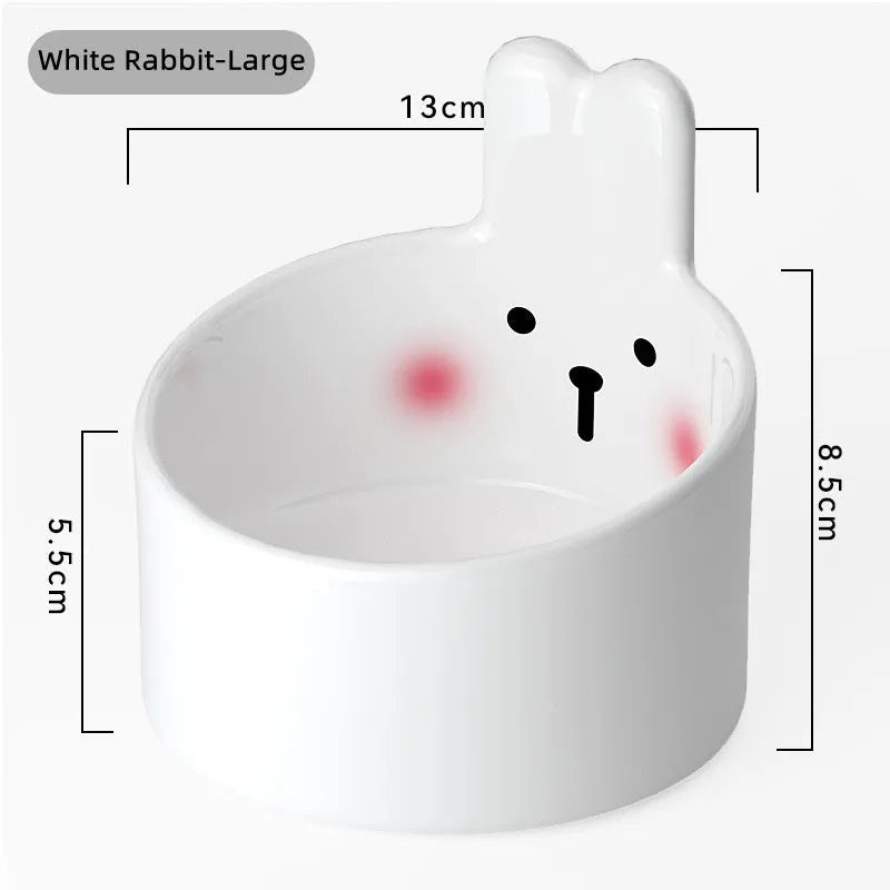 Ceramic pet bowls with neck protection design in white rabbit and brown bear patterns for dogs and cats