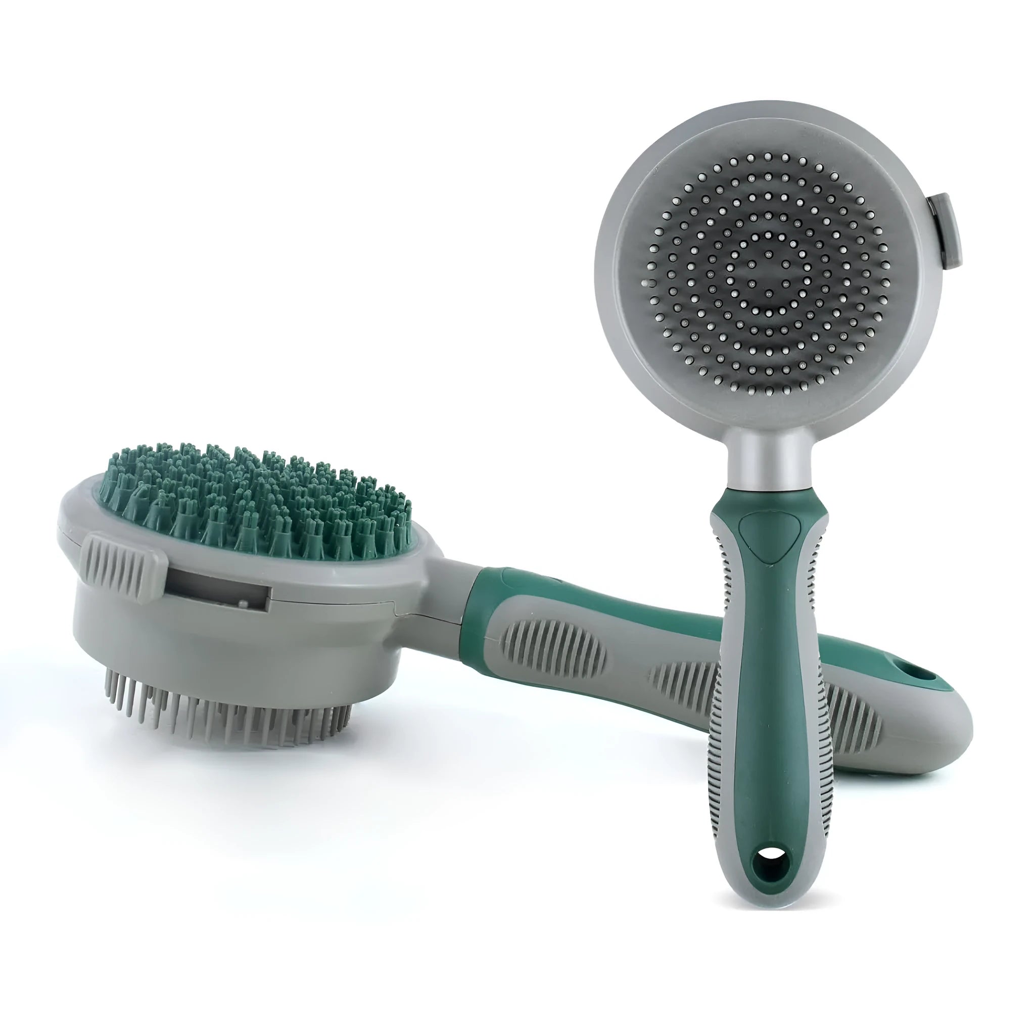 Green and pink dual-sided cat and dog brush with slicker comb and silicone massage head.