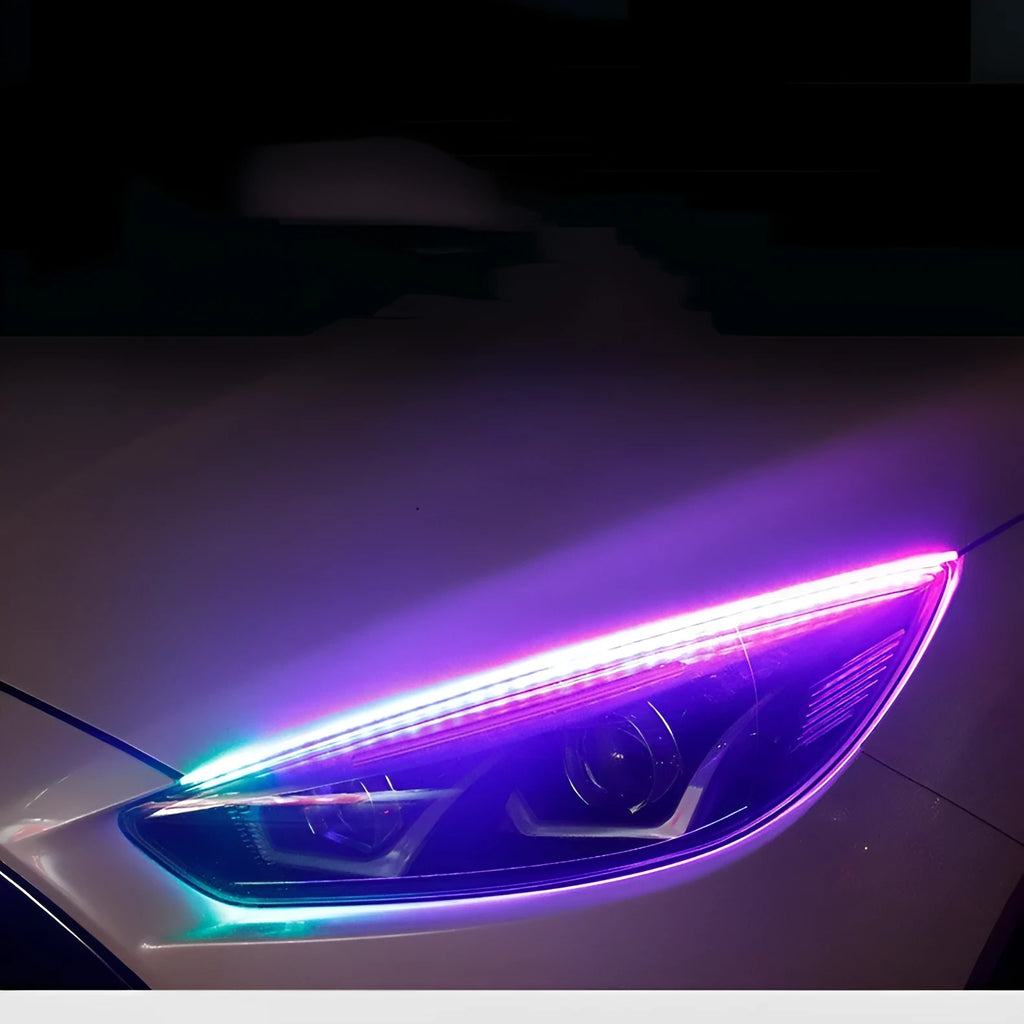 Remote control and flexible RGB LED daytime running light strip for cars in 30cm, 45cm, and 60cm sizes.