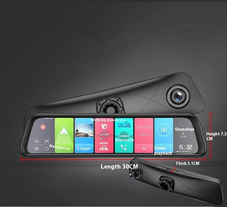 Black car dash cam with touch screen display, mounted on a windscreen.