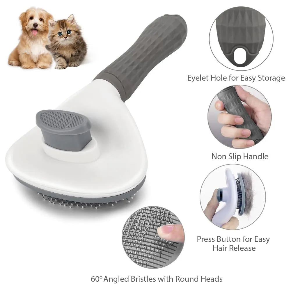 Blue cat grooming brush with a release button and fine wire bristles for removing pet hair.