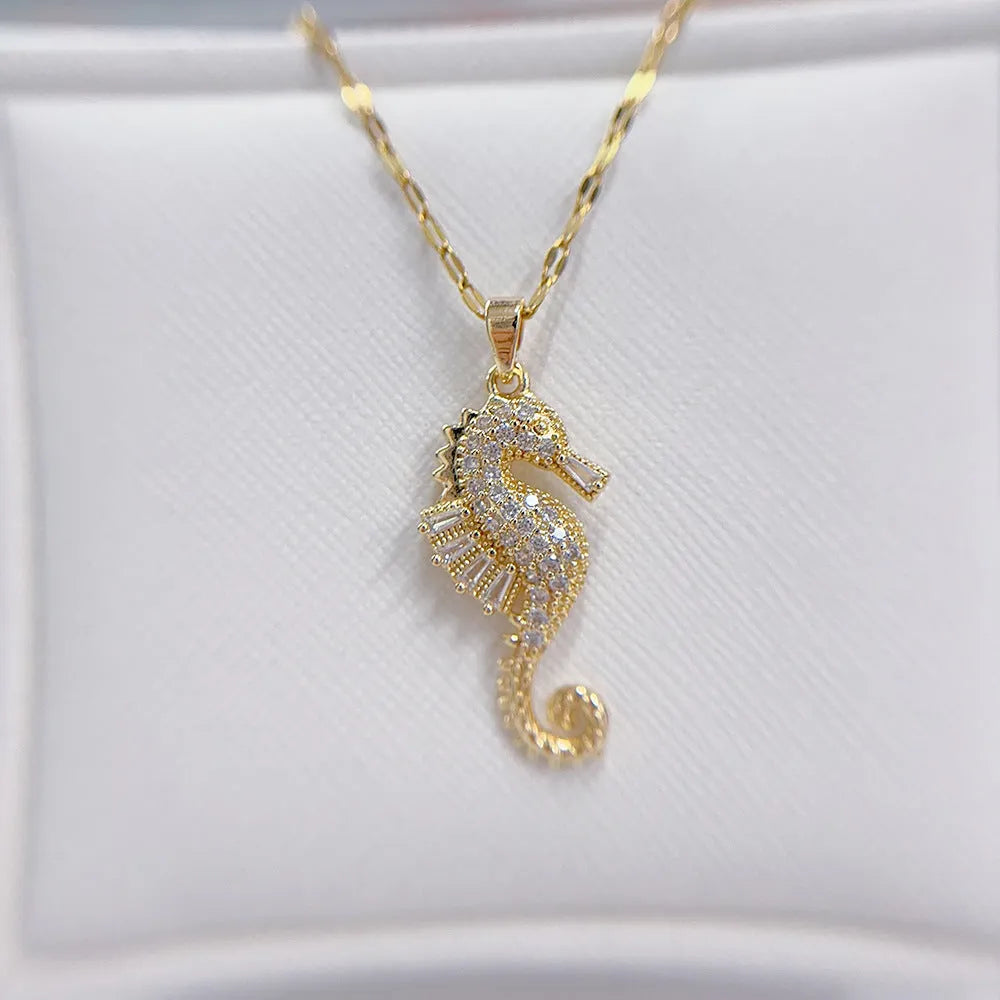 Gold seahorse pendant necklace for women with copper pendant and titanium steel twisted chain, 31-40cm