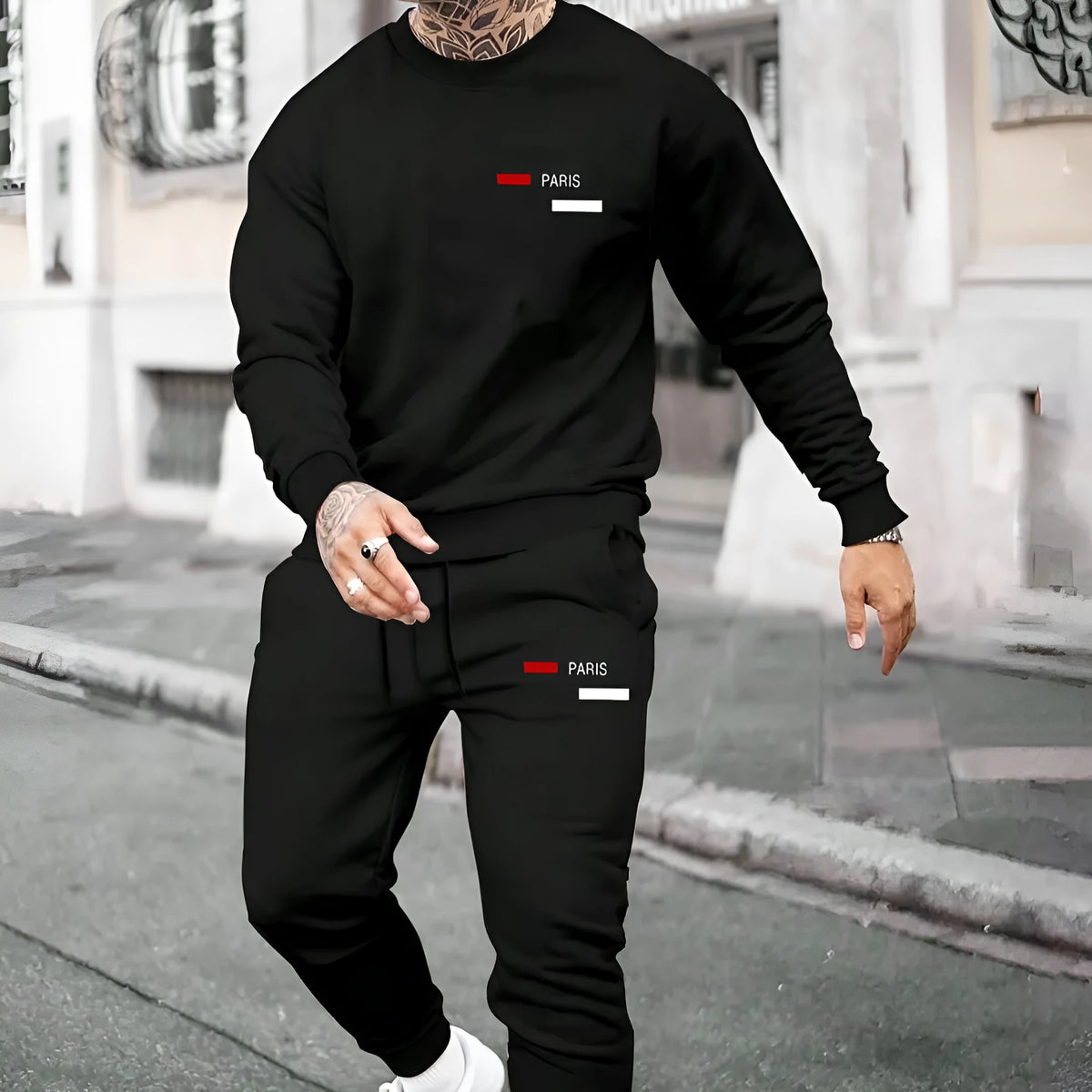 Casual printed fleece hoodie with pants two-piece set in light mature casual style, available in multiple colours