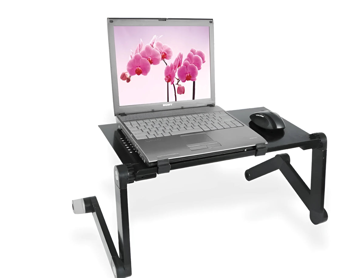 Portable folding laptop desk in black or rose red with metal frame, ventilated top, 480 mm adjustable height and 360-degree tilt
