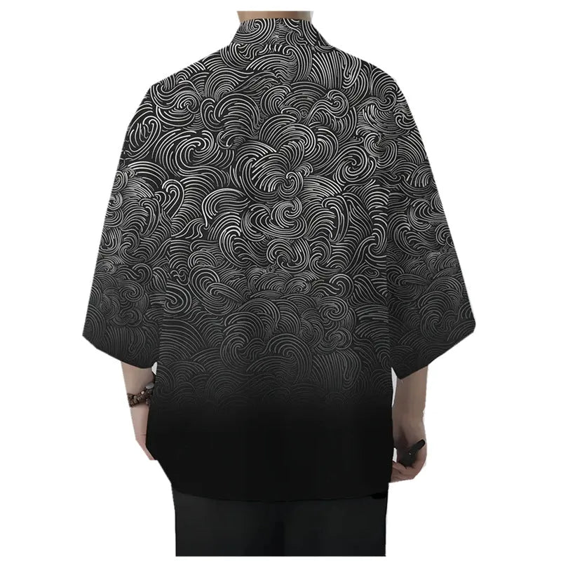 Men's loose 3D printed polyester cardigan coat with 3/4 sleeves, available in multiple colours and sizes up to 6XL