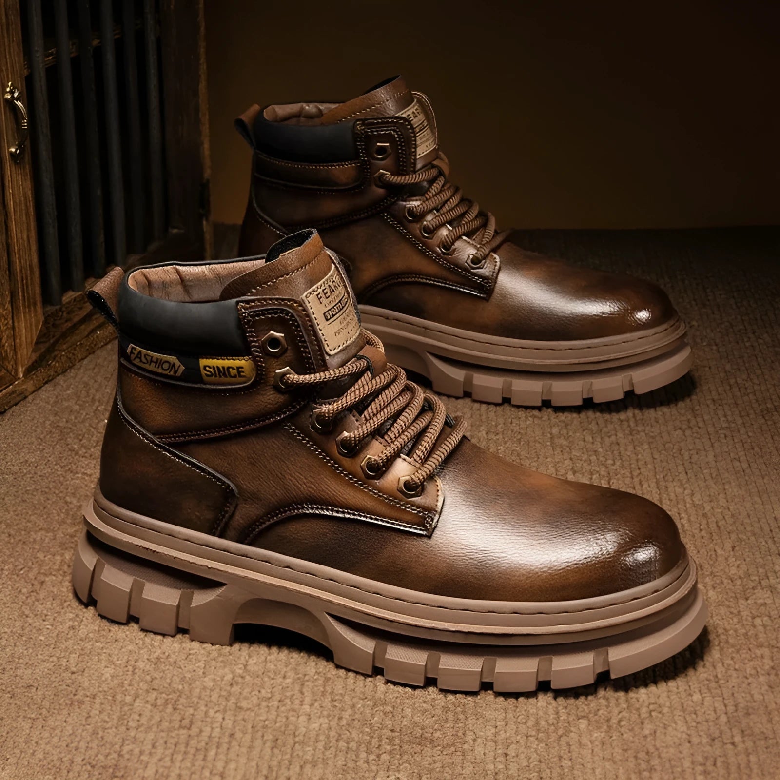 Men's high top Martin boots in YE50 Brown artificial PU leather with lace-up front and round toe on a wooden floor