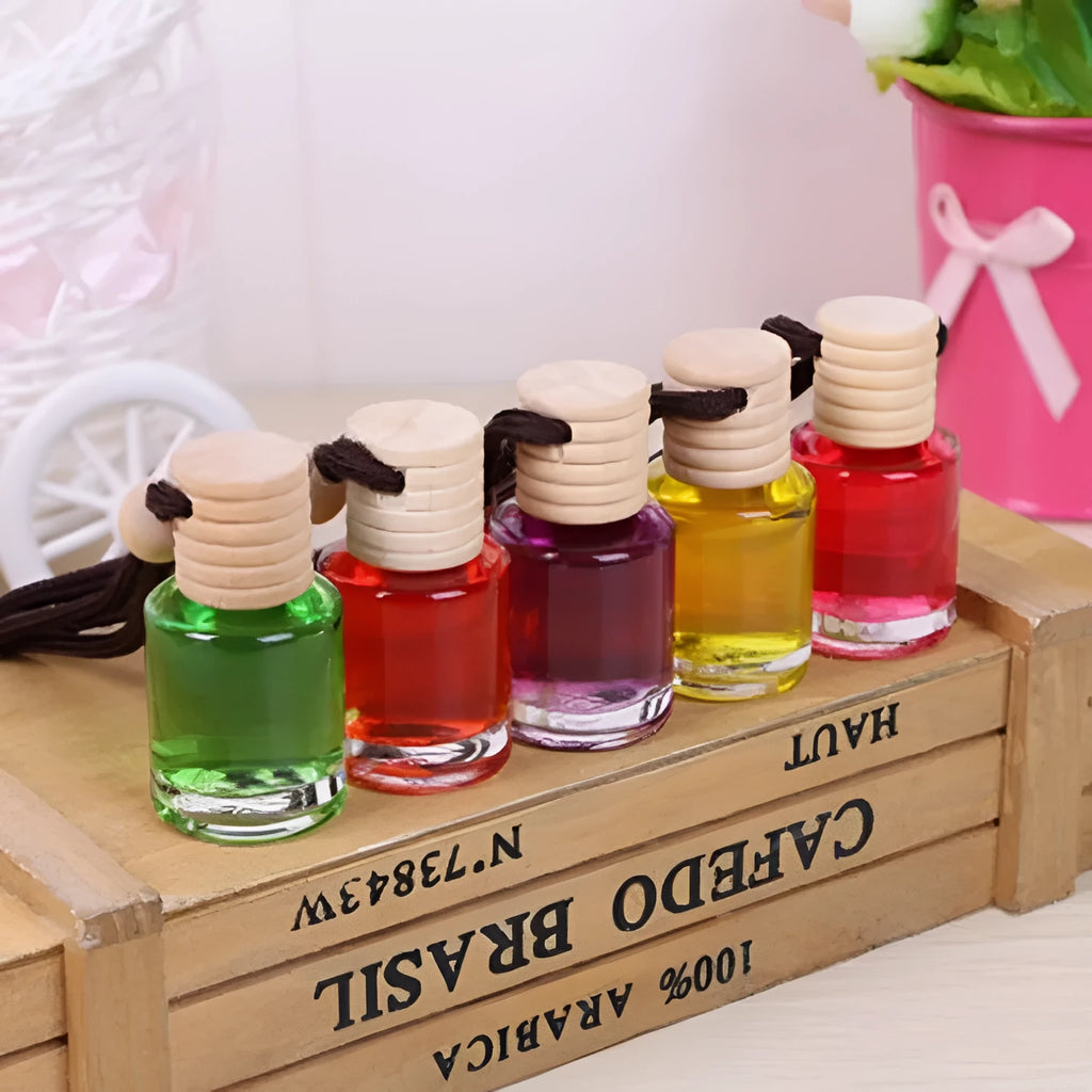 Glass bottle car air freshener hanging ornament with six fragrance options including lavender, lemon and apple scents