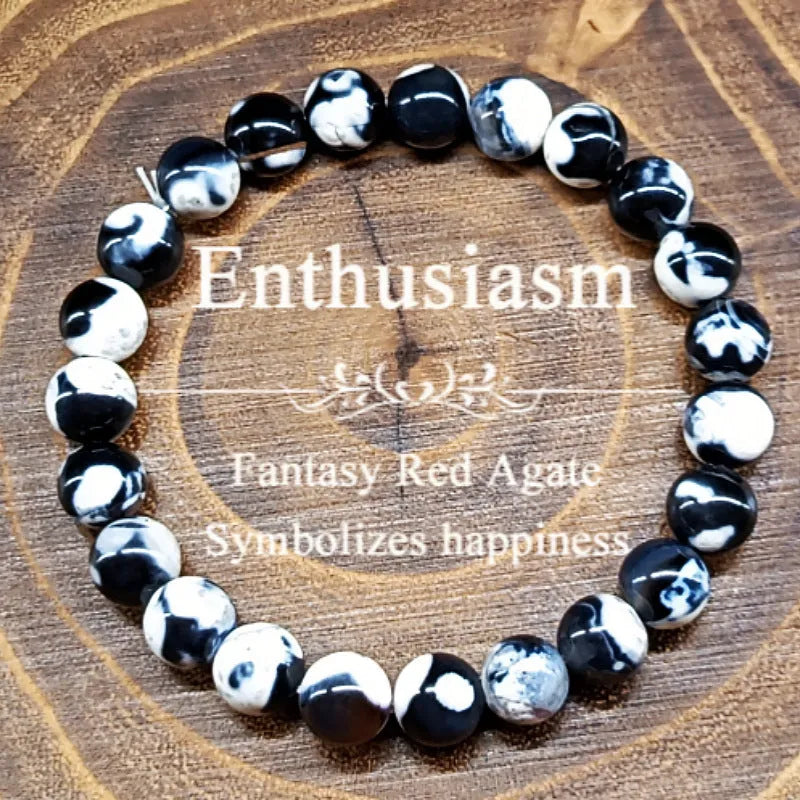 Women's bracelet with 8mm natural agate beads, Bohemian styling, glass and coloured glaze materials