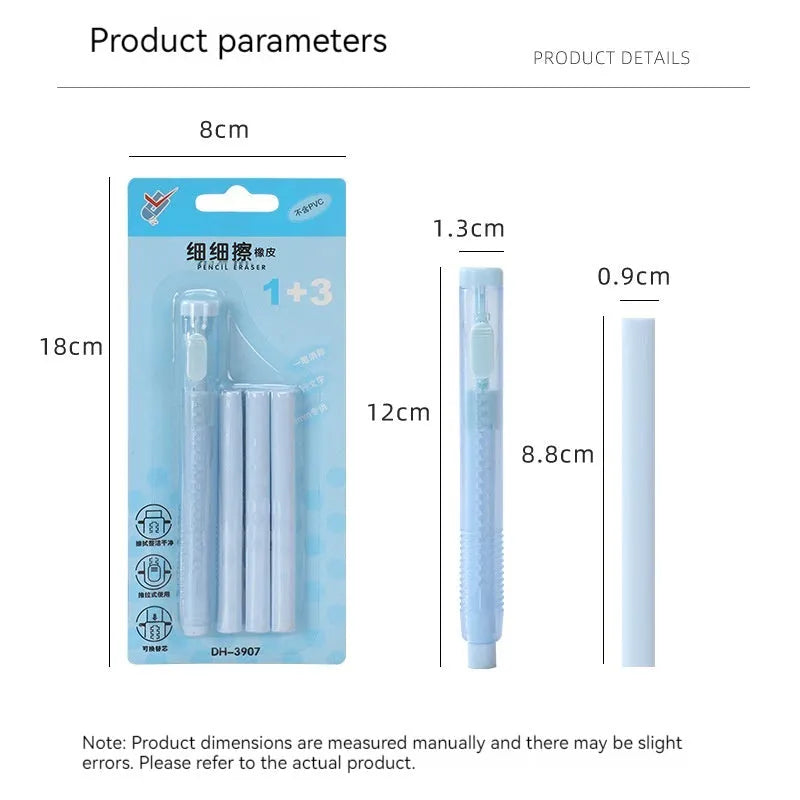 Push type traceless children's automatic eraser in blue, green, pink, or purple, showing 12cm by 8cm size.
