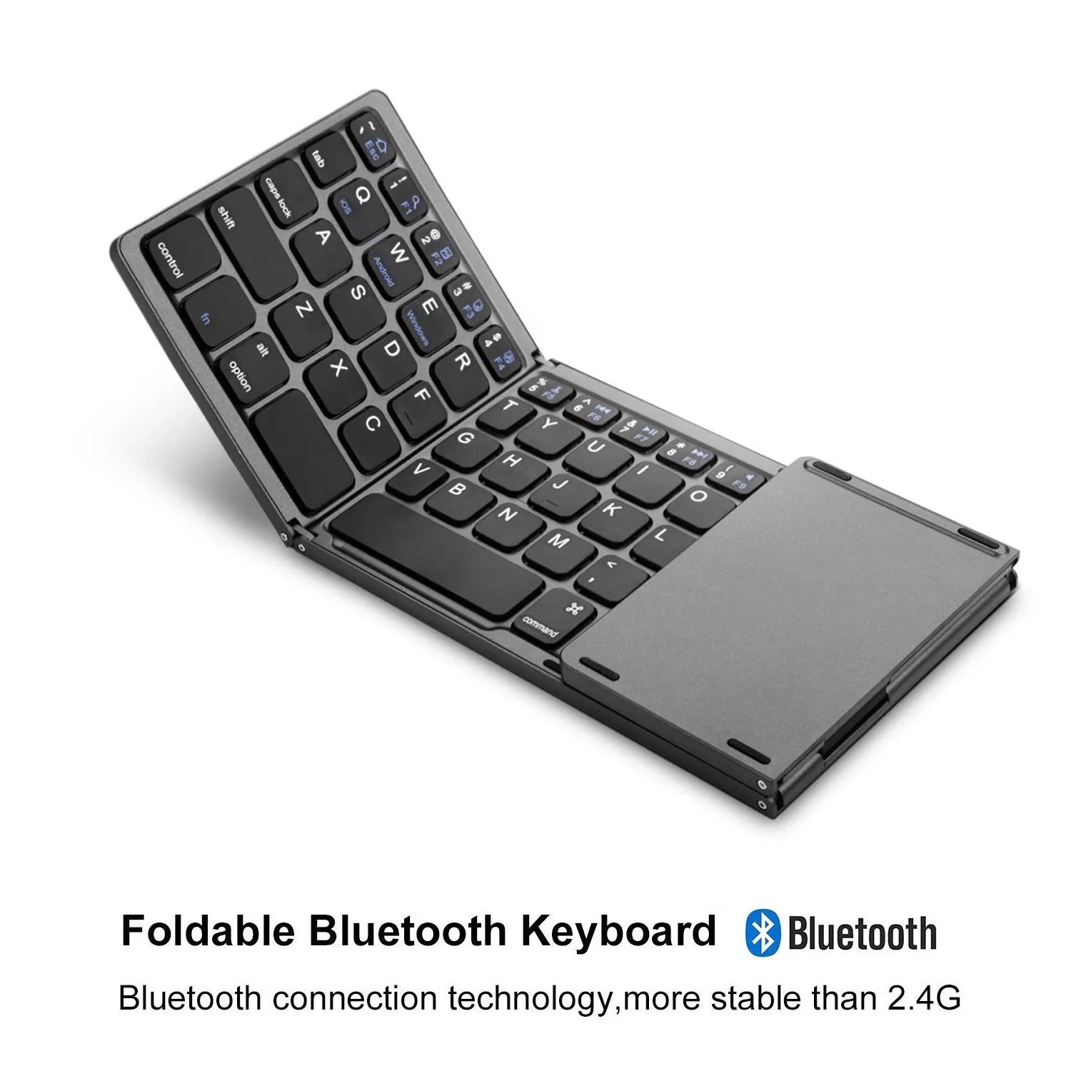 Black tri-fold Bluetooth keyboard showing folded thickness next to tablet for size comparison