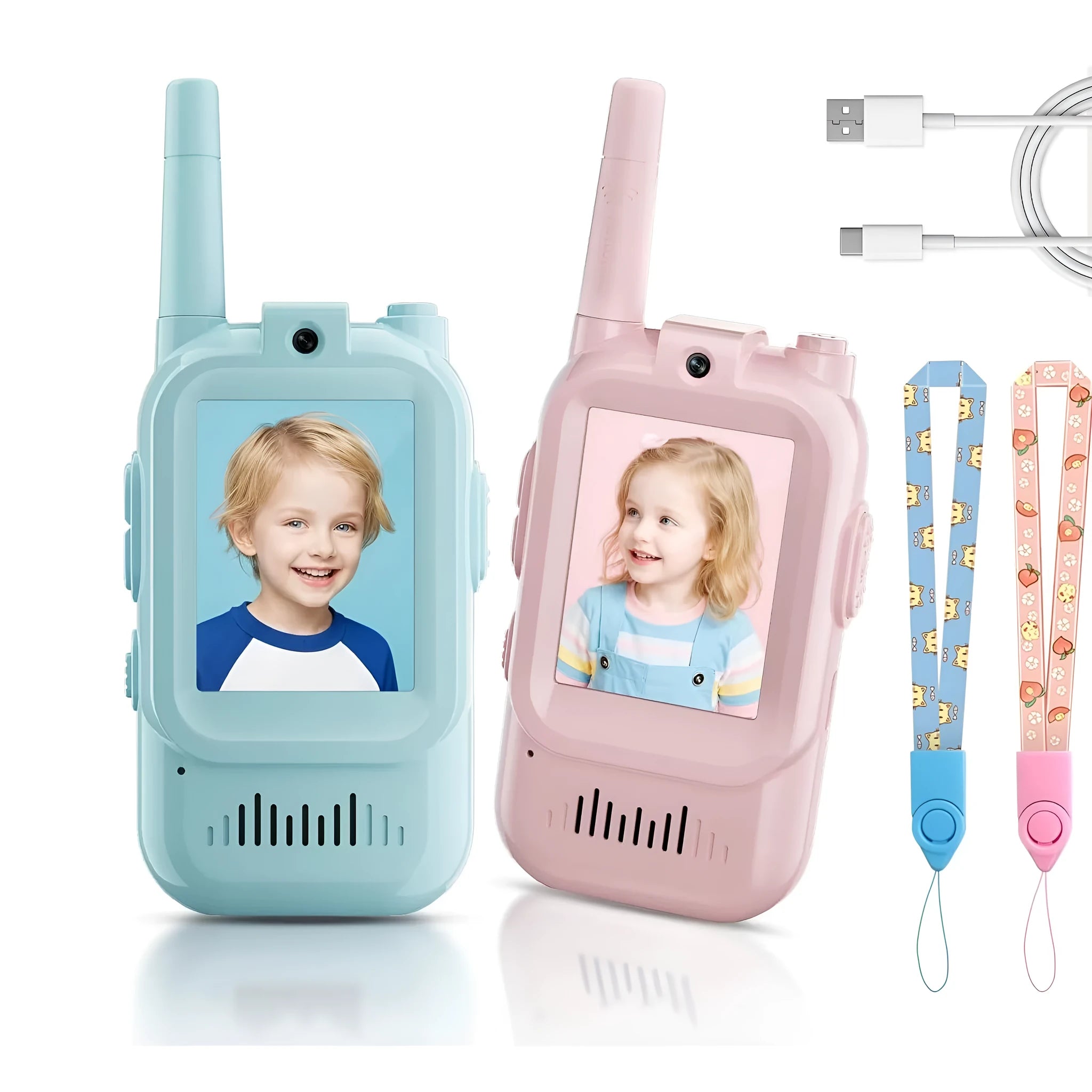 Two mini video wireless walkie talkies for kids in pink and blue with 2.0-inch IPS display and Type-C charging