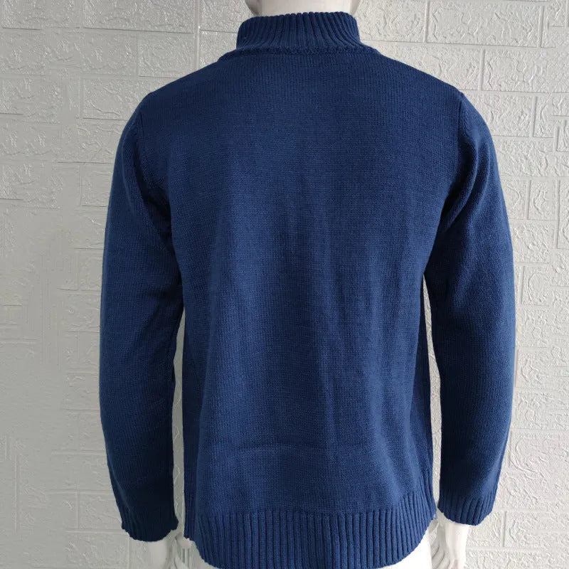 Men's stand collar acrylic knit cardigan, long sleeve, button front, ribbed hem, in black, blue, green, grey, and red