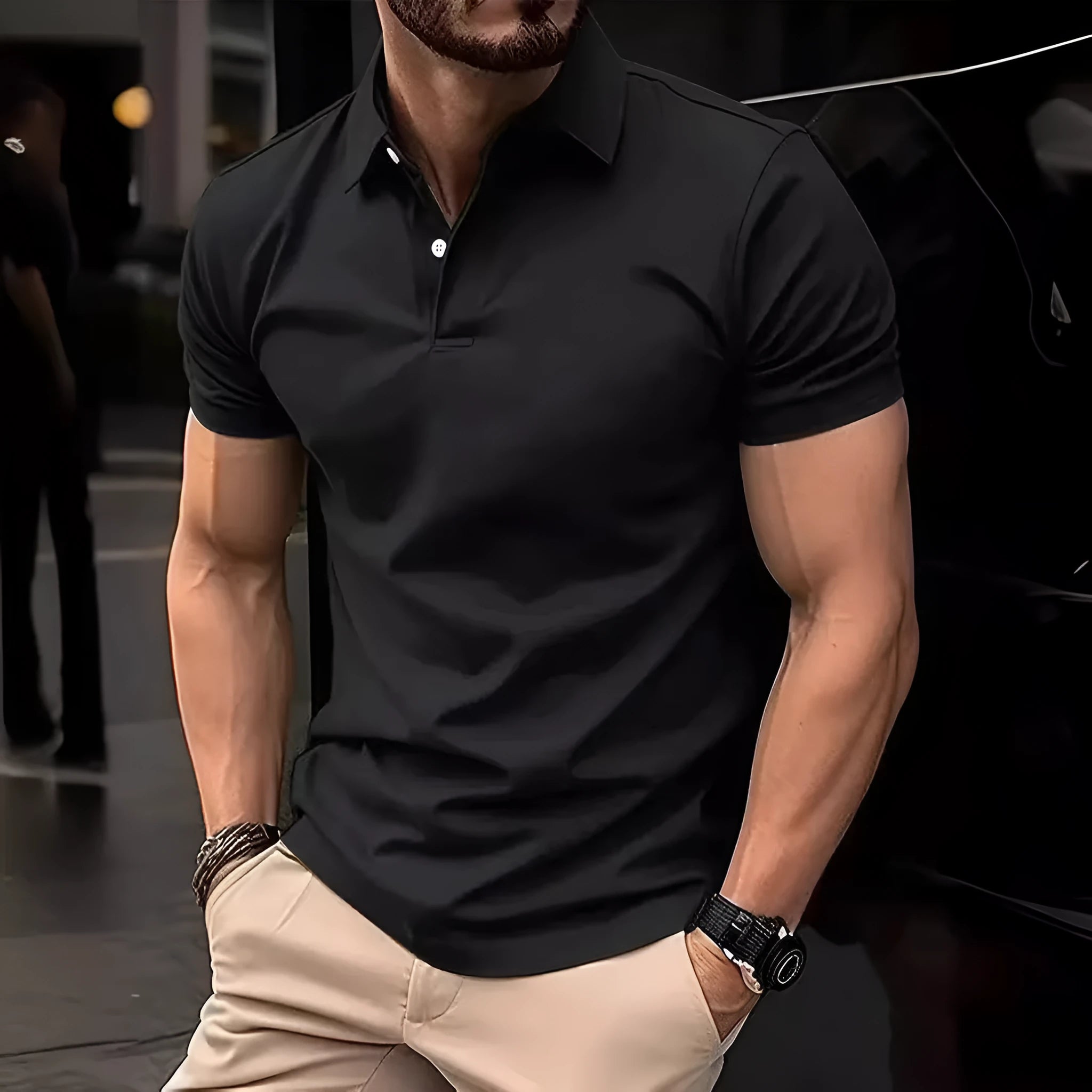 A man's solid colour casual short sleeve shirt in a slim fit style on a hanger.