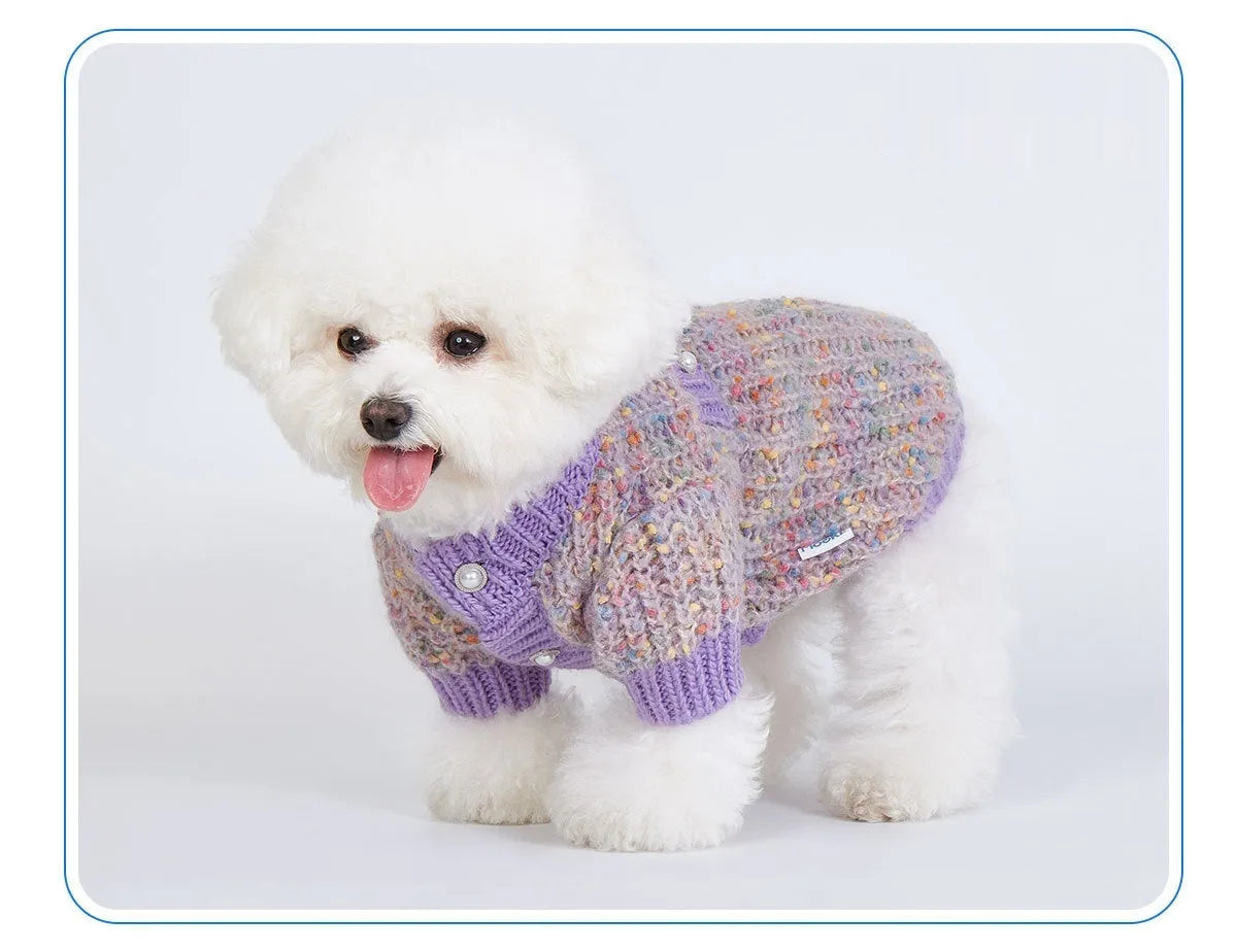 Purple dog sweater cardigan on pet hanger showing casual style and polyester fabric