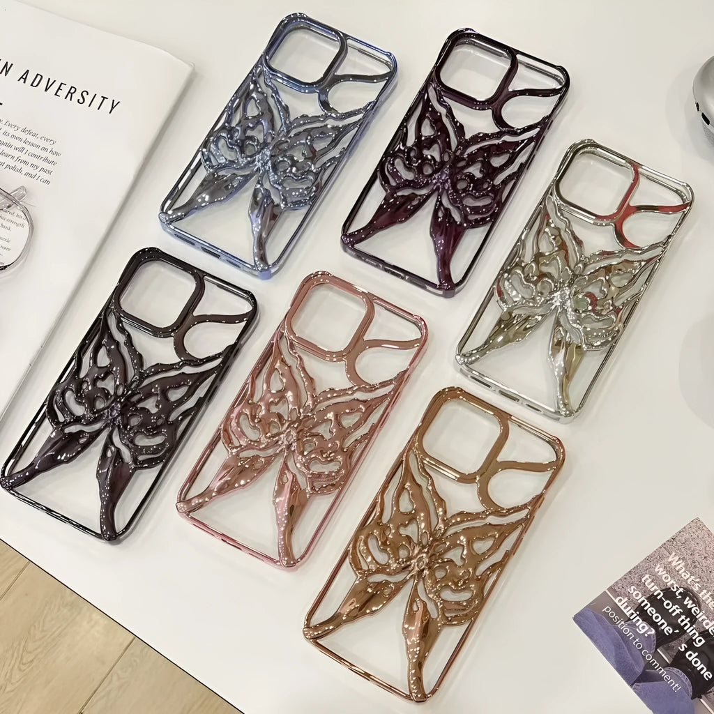 Apple iPhone 16 Pro TPU phone case with electroplated hollow 3D butterfly design in silver, showing full coverage fit