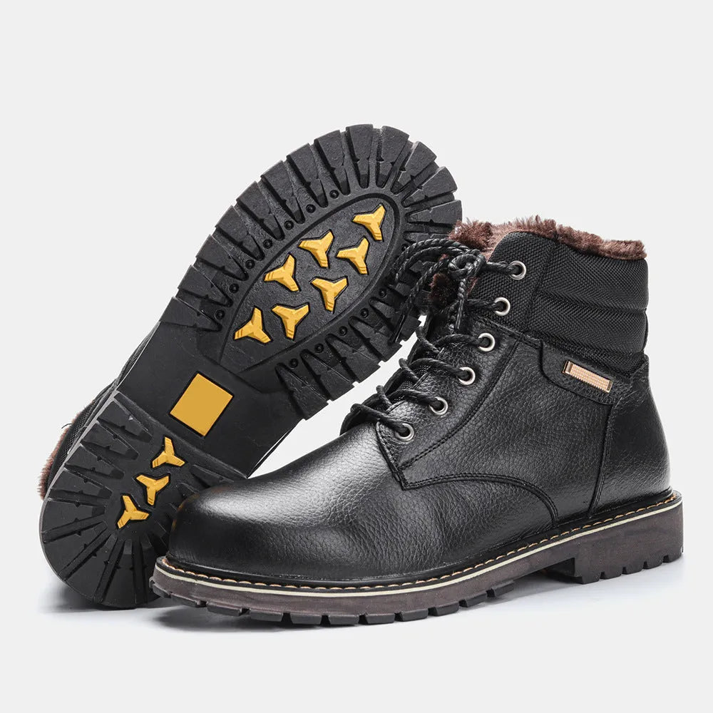 Pair of black plus size men's cowhide leather snow boots with fleece lining, mid-calf height and rubber sole.