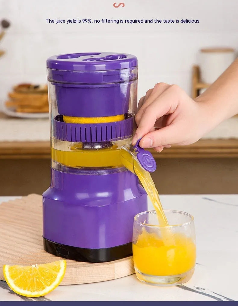 Purple USB rechargeable electric citrus juicer with cone-shaped filter and 400ml capacity container