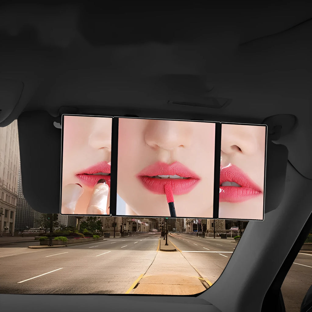 Silver car folding makeup mirror shown both closed and opened, with ABS frame and glass mirror.