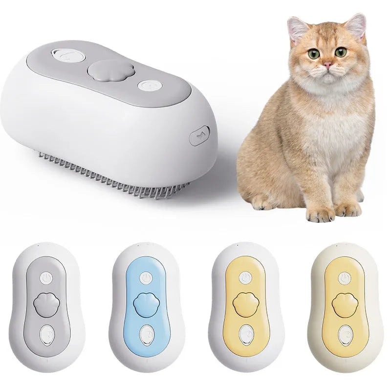 Battery-operated pet massage comb for cats in grey, blue, orange, or beige yellow colours with grooming bristles