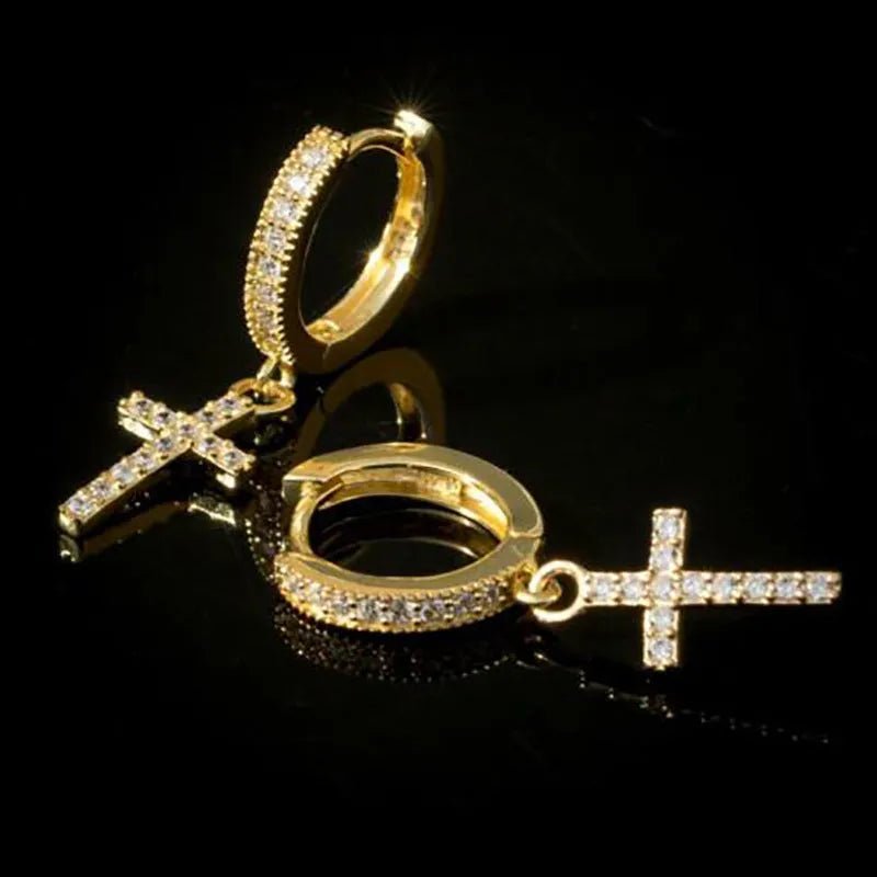 Gold and white copper cross earrings with zircon and gold-plated inlaid artificial gems