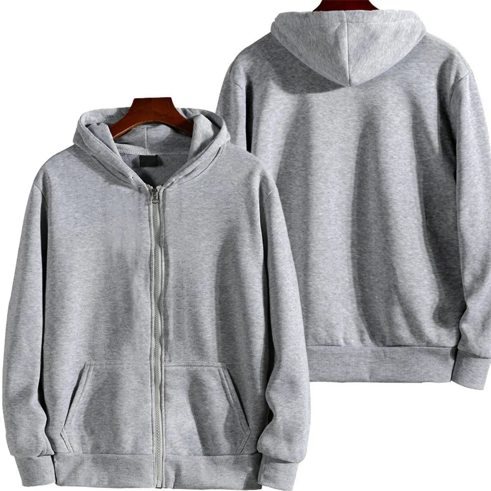 Men's loose fit solid colour zip-up sports jacket on a hanger