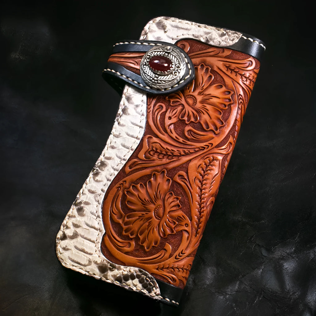 Mens long cow leather wallet with plant flower pattern and buckle closure, 20 x 10 x 2.5 cm, genuine leather lining