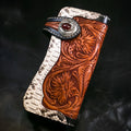 Mens long cow leather wallet with plant flower pattern and buckle closure, 20 x 10 x 2.5 cm, genuine leather lining